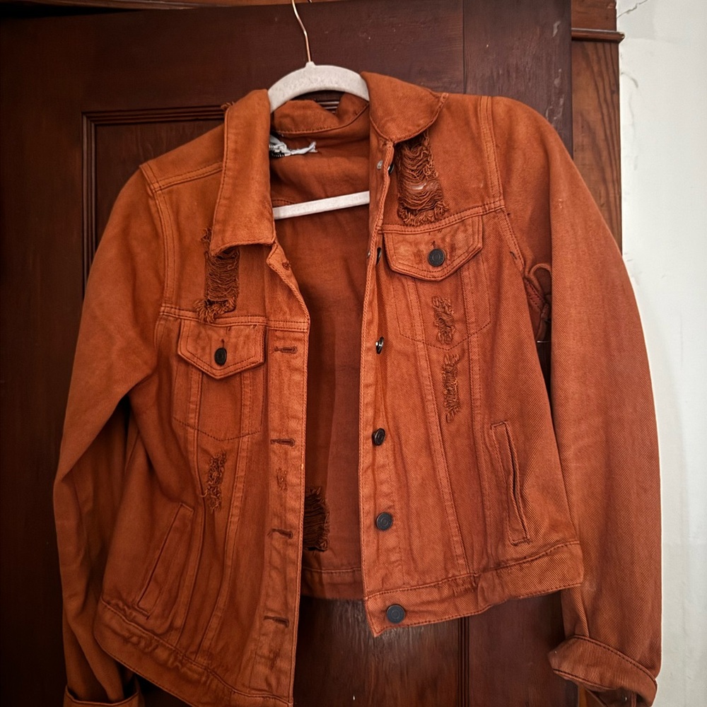 Rust Orange Distressed Denim Jacket - image 1
